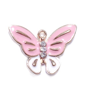 Pandantiv auriu, emailat, fluture roz, cu stras, 14x15x3mm 1 buc