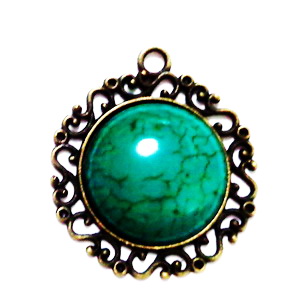 Pandantiv bronz 41x36bmm cu cabochon turcoaz sintetic verde de 25mm 1 buc