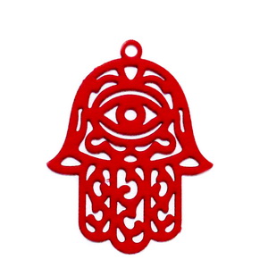 Pandantiv otel inoxidabil 430, gravat, rosu-mat, mana Hamsa 23x18x0.3mm 1 buc