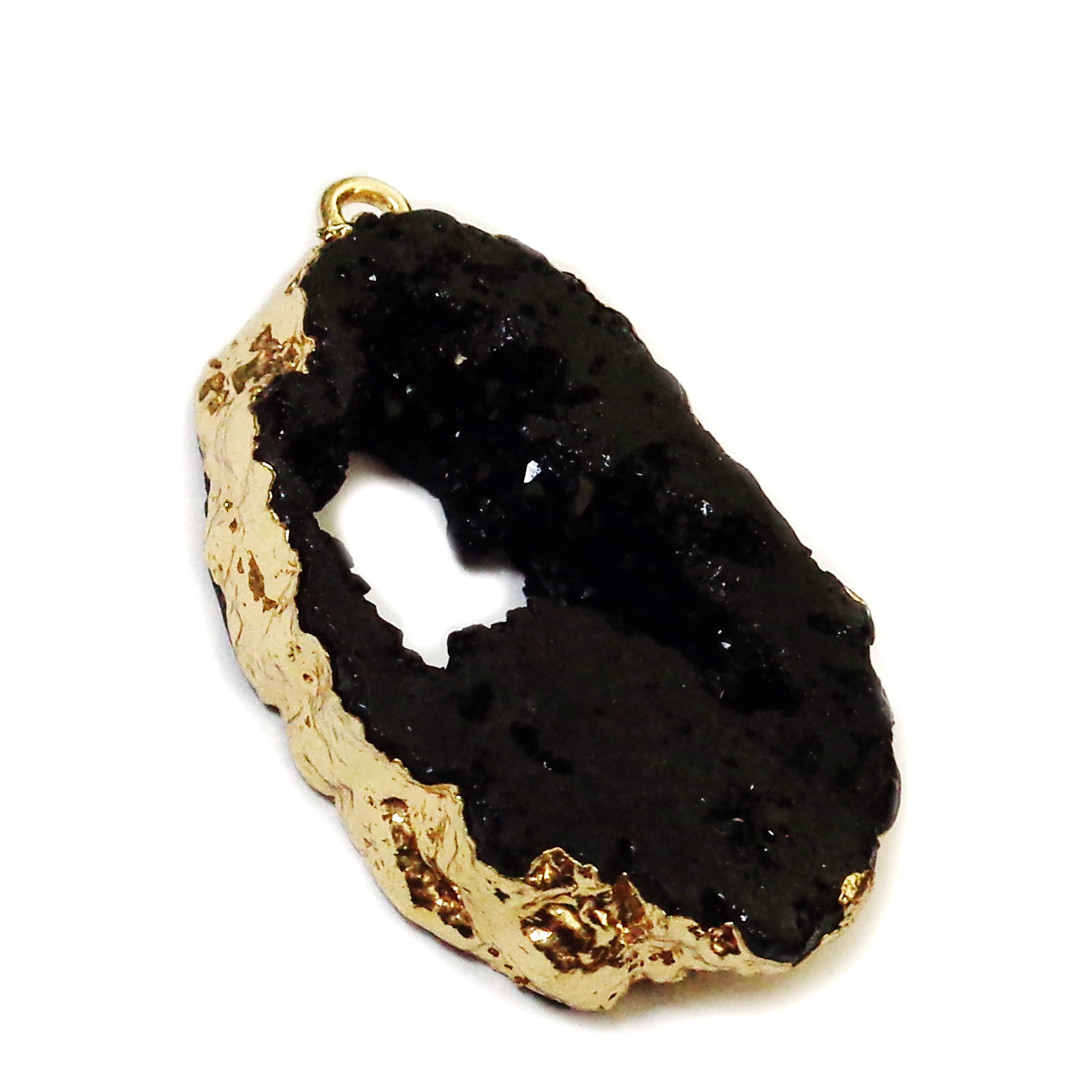 Pandantiv rasina, imitatie druzy agate negru, cu auriu,  39x22x6mm
