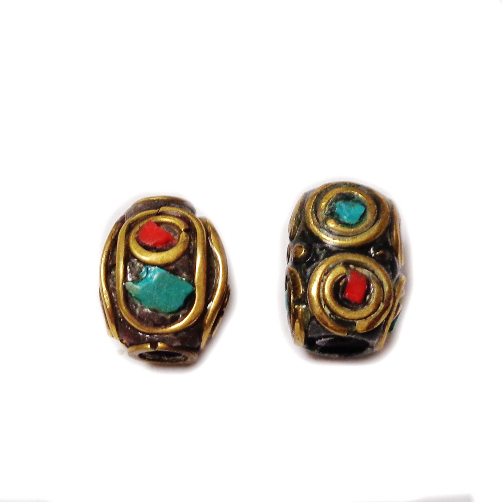 Margele tibetane cu pietre semipretioase, lucrate manual, 13x8 si 11x8mm -model 2 1 buc
