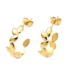 Cercei oțel inoxidabil 304, aurii, IP(placat cu ioni), semirotunzi, cu frunzulite 19.5x6mm
 2 buc