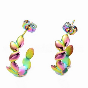 Cercei oțel inoxidabil 304, placti multicolor, semirotunzi, cu frunzulite 19.5x6mm 2 buc