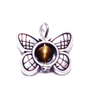 Pandantiv argintiu antichizat, fluturas 14x15.5x4.5mm, cu ochi de tigru de 4mm 1 buc