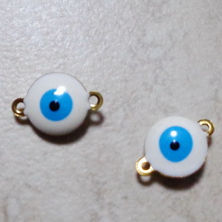 Conector/link otel inoxidabil 304, auriu, ochiul lui Horus, emailat alb cu albastru, 14.5x10x4.5mm