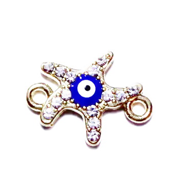 Link/conector auriu stea de mare cu strasuri si ochiul lui Horus albastru, 18x13x2.5mm 1 buc
