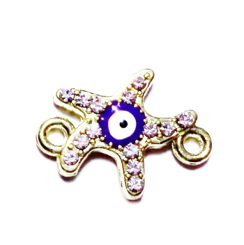 Link/conector auriu stea de mare  cu strasuri si ochiul lui Horus violet, 18x13x2.5mm 1 buc