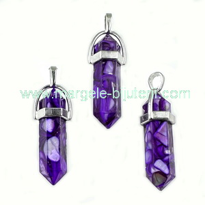 Pandantiv rasina violet chips in interior,  41x8mm cu agatatoare argintiu inchis