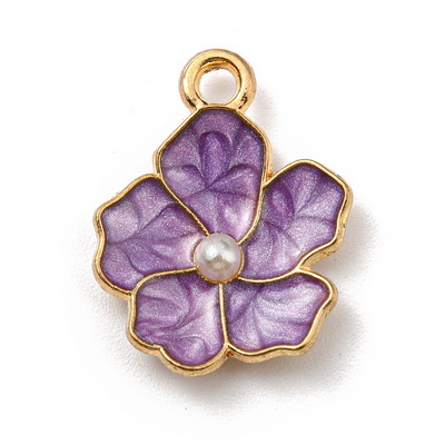 Pandantiv auriu, emailat mov, floare cu perluta,17x13x3mm 1 buc