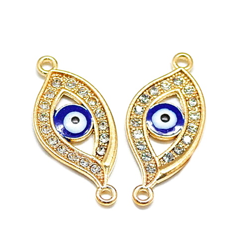 Conector/link auriu, ochiul lui Horus, cu strasuri, emailat bleumarin cu alb, 27x12x2mm