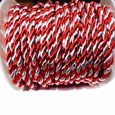 Snur matase rasucit, alb-rosu, pentru martisor,  4mm 1 m