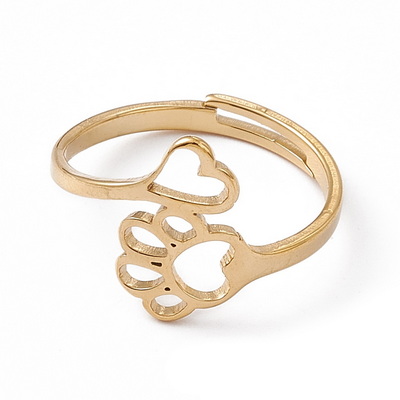 Inel otel inoxidabil 201, IP(placat cu ioni) cu aur 18K,reglabil, inima si labuta catel, interior 16.7mm
 1 buc