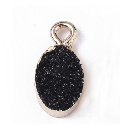 Pandantiv rasina, imitatie druzy agate negru cu auriu, oval, 16x7.5x4mm