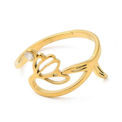 Inel otel inoxidabil 304 auriu, cu Cubic Zirconia, reglabil, floare ghiocel, interior 16.7mm 1 buc