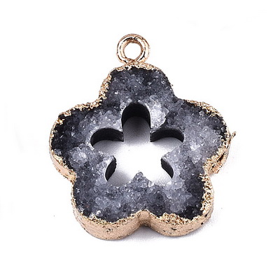 Pandantiv druzy agate, gri, placat auriu pe margine, floare 23.5~25x20.5~21.5x5~6mm 1 buc