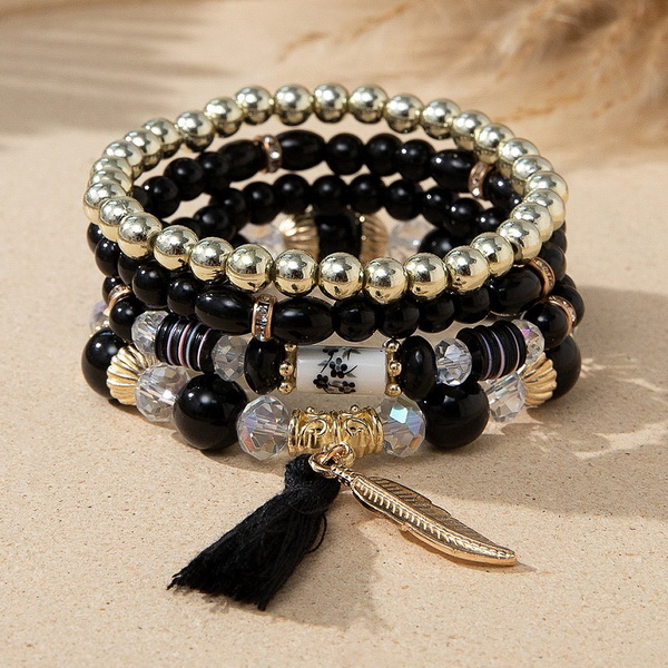 Set 4 bratari, margele negre si aurii pe elastic 1 buc