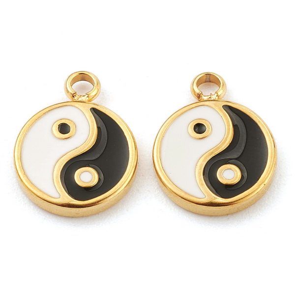 Pandantiv otel inoxidabil 304, auriu, Yin si Yang, emailat, 13x10x2mm 1 buc