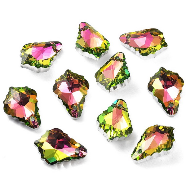 Pandantiv rhinestone, frunza 16x11x6mm, fucsia AB, argintiu pe verso 1 buc