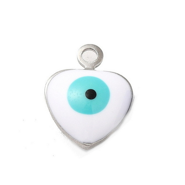 Pandantiv otel inoxidabil 304, emailat alb cu ochi Horus, inima 10x8x4mm 1 buc
