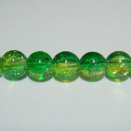 Margele sticla crackle verzi cu galben,  8mm