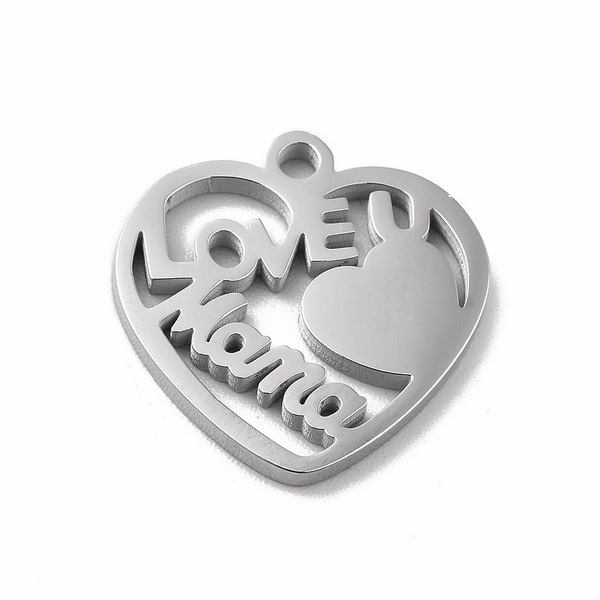 Pandantiv otel inoxidabil 304, LOVE MAMA, inima 16x16x1.3mm 1 buc