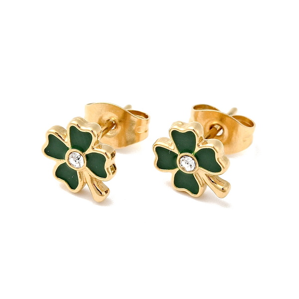 Cercei otel inoxidabil 316, auriu cu verde, trifoi cu 4 foi, 9x7mm 1 pereche