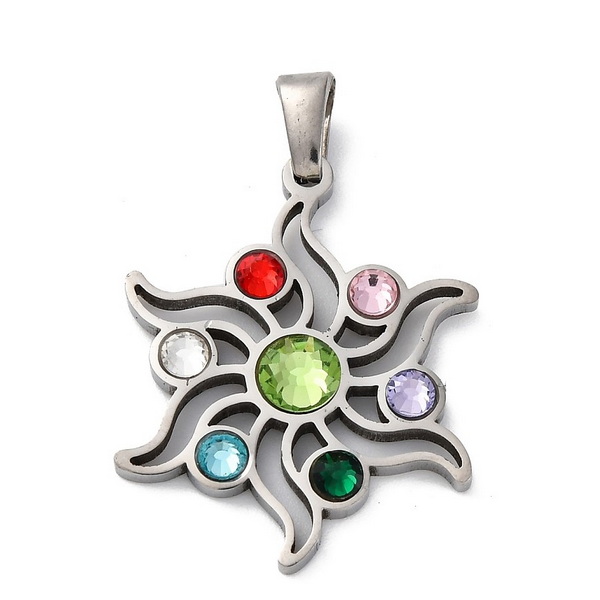 Pandantiv otel inoxidabil 304, chakra, cu rhinestone, floare 26x21x3.5mm 1 buc