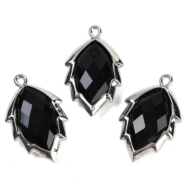 Pandantiv obsidian negru pe baza argintiu inchis, frunza 23x13mm 1 buc