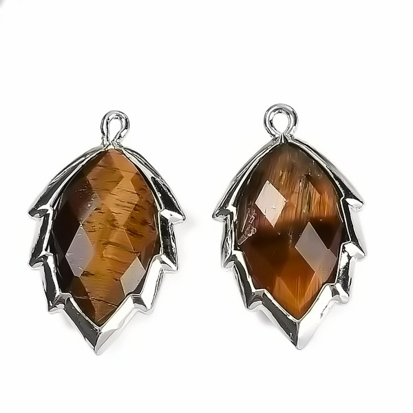 Pandantiv ochi de tigru pe baza argintiu inchis, frunza 23x13mm 1 buc