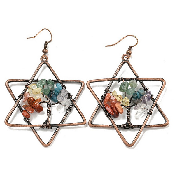Cercei cupru stea si copacul vietii chakra, 69x43mm 1 pereche