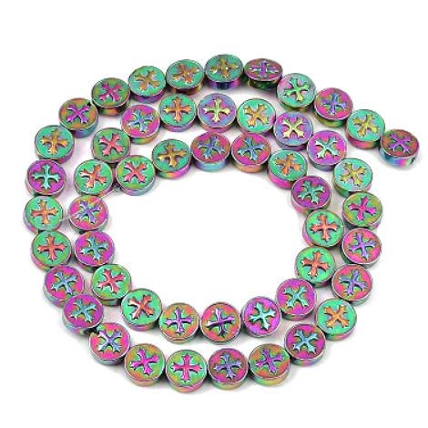 Hematit electroplacat multicolor cu basorelief cruce, moneda 8x3mm-sir 49 buc 1 buc