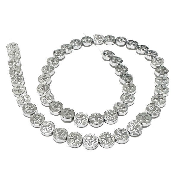 Hematit argintiu cu basorelief cruce, moneda 8x3mm-sir 50 buc 1 buc