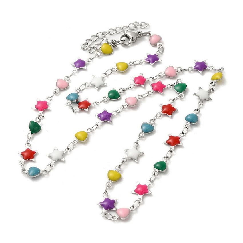 Lant otel inoxidabil 304, cu inimi si stele emailate multicolor, lungime 50cm+lant de prelungire 1 buc