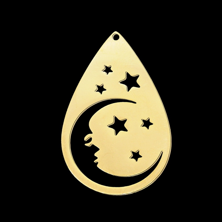 Pandantiv otel inoxidabil 201 auriu, non-tarnish, lacrima cu luna si stele decupate, 38x24x1mm 1 buc