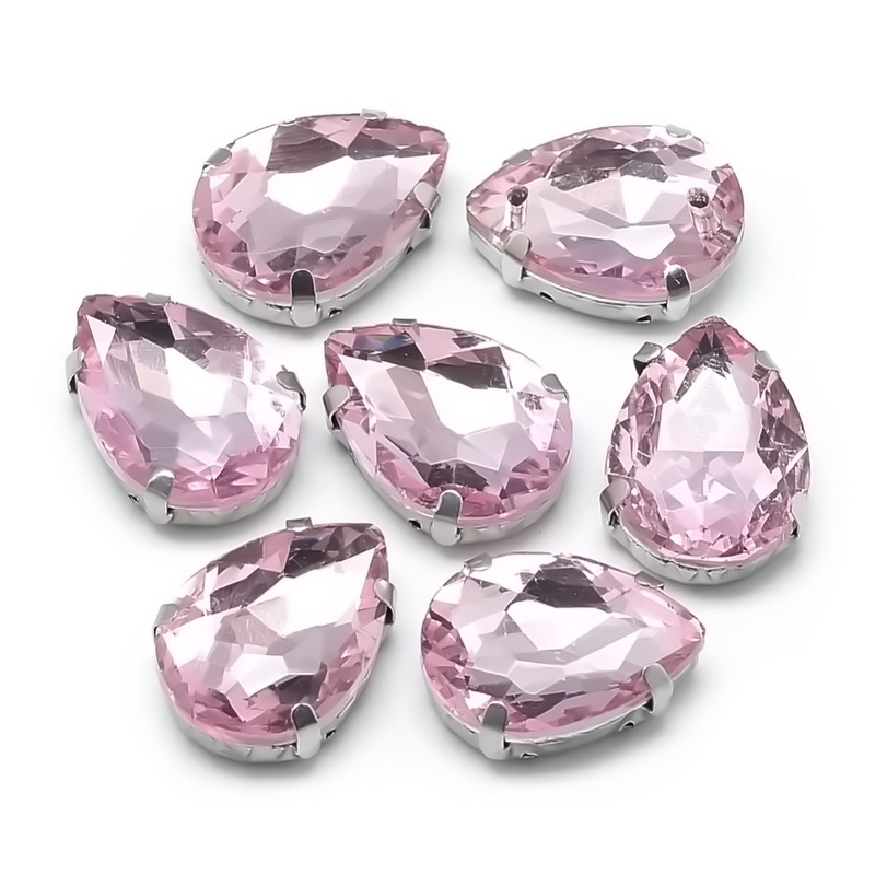 Cristale rhinestone, lacrima, roz, de cusut, 18x13x6mm, pe baza otel inoxidabil 201 1 buc