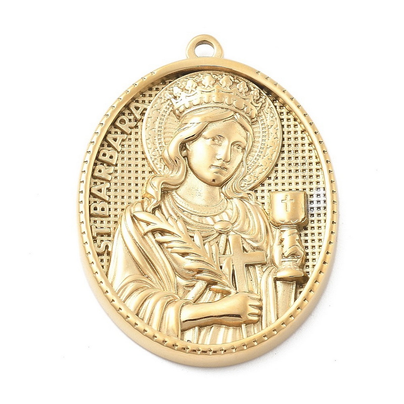 Pandantiv otel inoxidabil 304 placat IP cu aur 18K, Sfanta Barbara, 36x27x3.5mm 1 buc