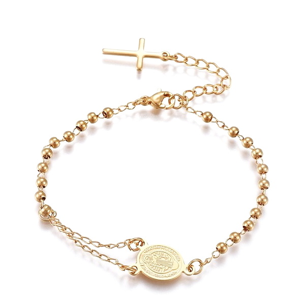 Bratara otel inoxidabil 201 auriu, tema religioasa, 17cm+lant de prelungire 1 buc