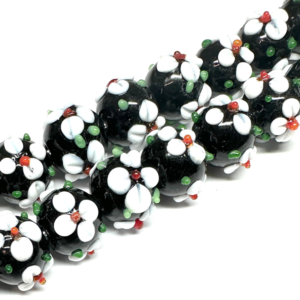 Margele sticla, lampwork, negre cu flori albe, 11~12x11~12x10mm 1 buc