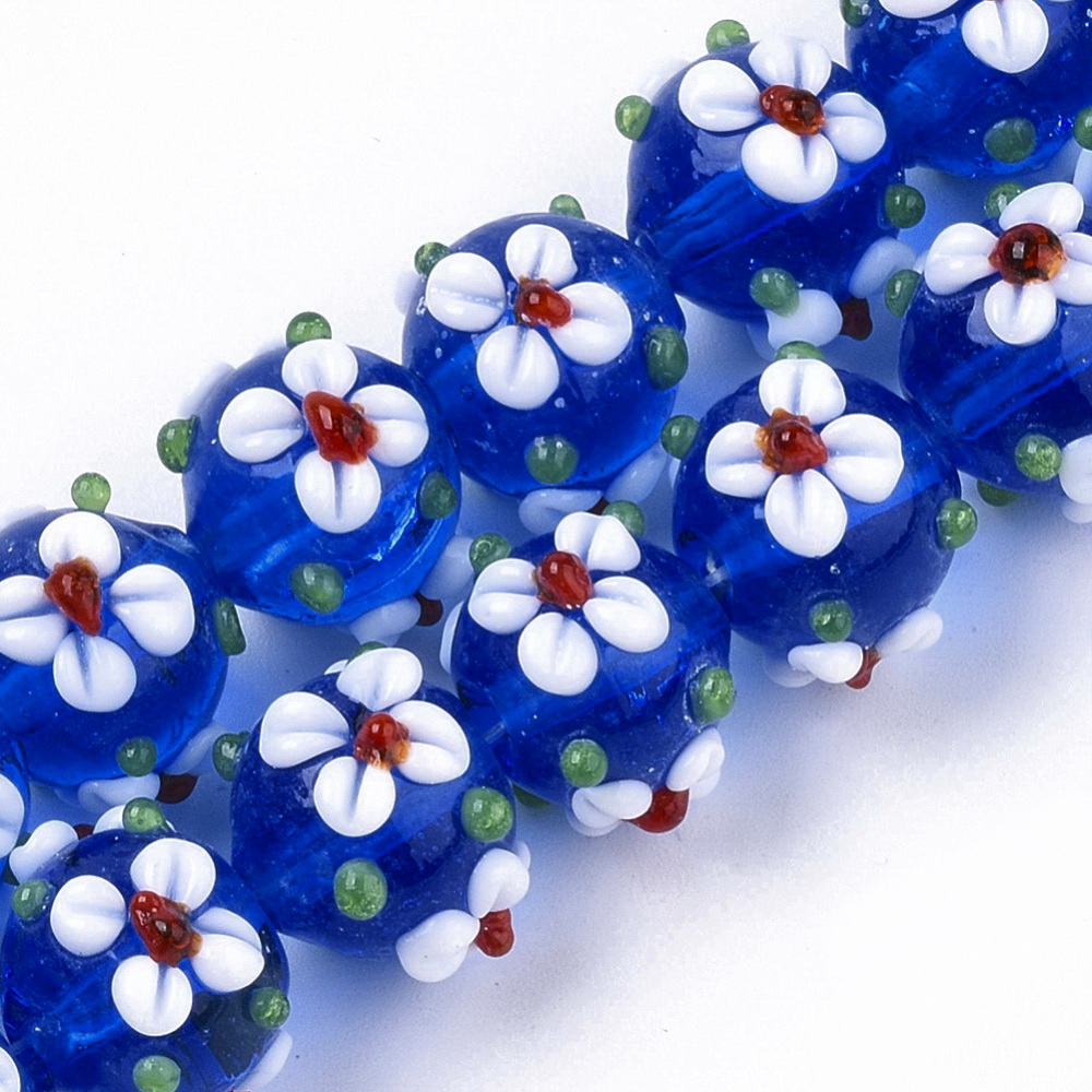 Margele sticla, lampwork, albaste cu flori albe, 11~12x11~12x10mm 1 buc
