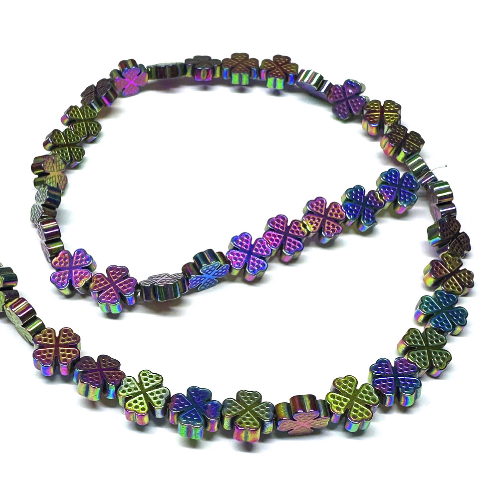 Margele hematit, placate multicolor, trifoi cu 4 foi, 8x8x2.5mm-sir 49 buc 1 buc