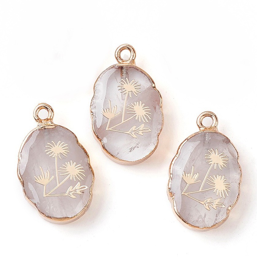 Pandantiv cuart electroplacat auriu in exterior si flori, 22x13x4.5mm 1 buc