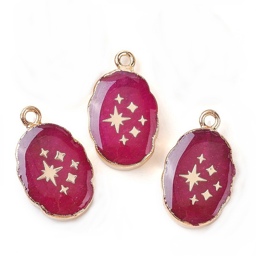 Pandantiv jad magenta, electroplacat auriu in exterior si stele, 22x13x4.5mm 1 buc