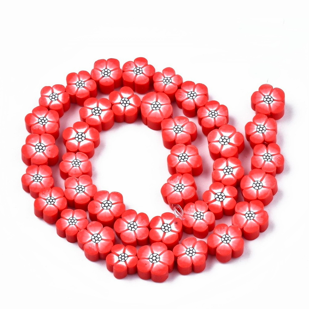 Margele polymer, floare rosie cu alb, 8-10x5mm-sir 36buc 1 buc