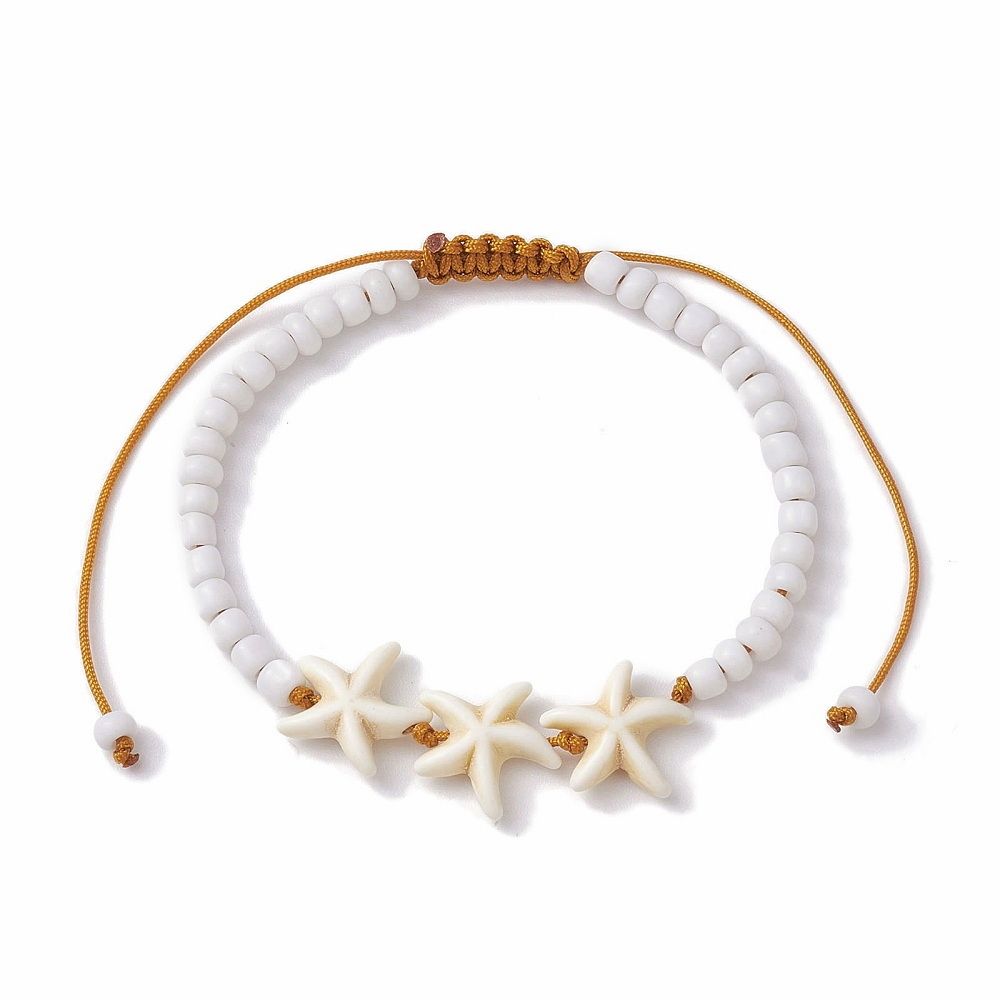 Bratara reglabila cu stea de mare turcoaz sintetic crem si margele nisip-interior 5~9 cm 1 buc