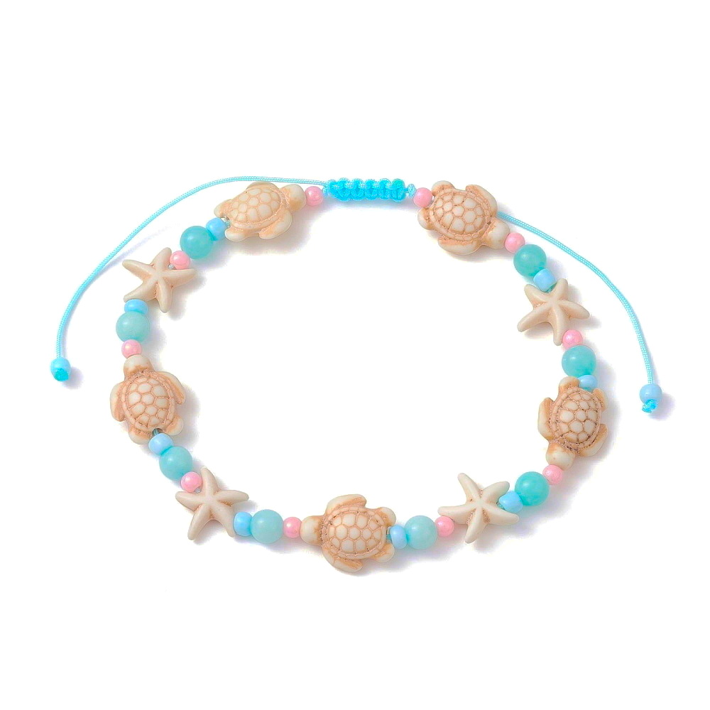 Bratara reglabila cu broasca testoasa si stea de mare turcoaz sintetic crem-interior 7~11 cm 1 buc