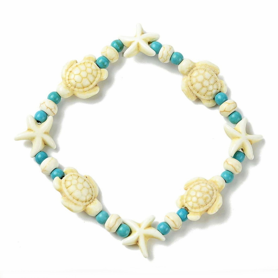 Bratara cu broasca testoasa si stea de mare turcoaz sintetic crem pe elastic si margele turcoaz-interior 5 cm 1 buc