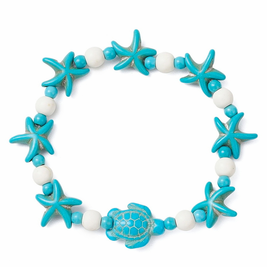 Bratara cu broasca testoasa si stea de mare turcoaz sintetic crem pe elastic si margele turcoaz-interior 5 cm 1 buc