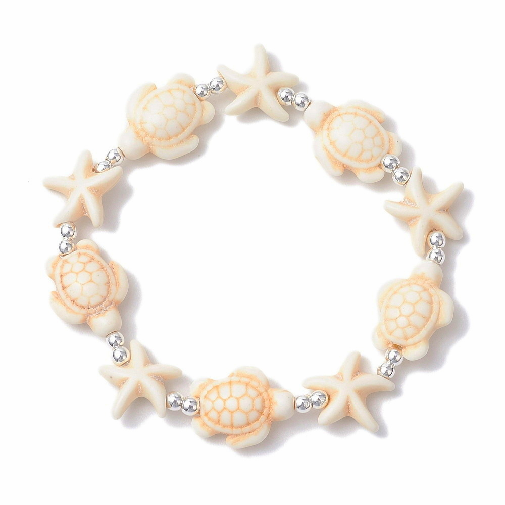 Bratara cu broasca testoasa si stea de mare turcoaz sintetic crem pe elastic si margele argintii-interior 5.5 cm 1 buc