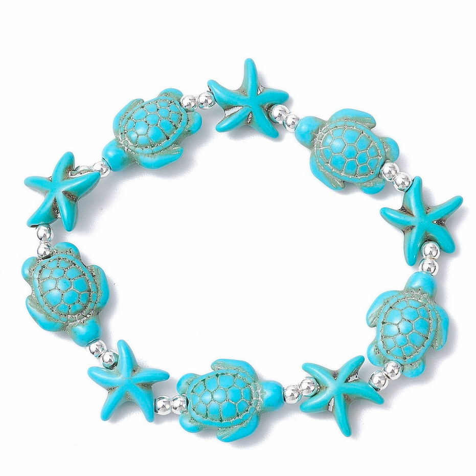 Bratara cu broasca testoasa si stea de mare turcoaz sintetic pe elastic si margele turcoaz-interior 5.5 cm 1 buc
