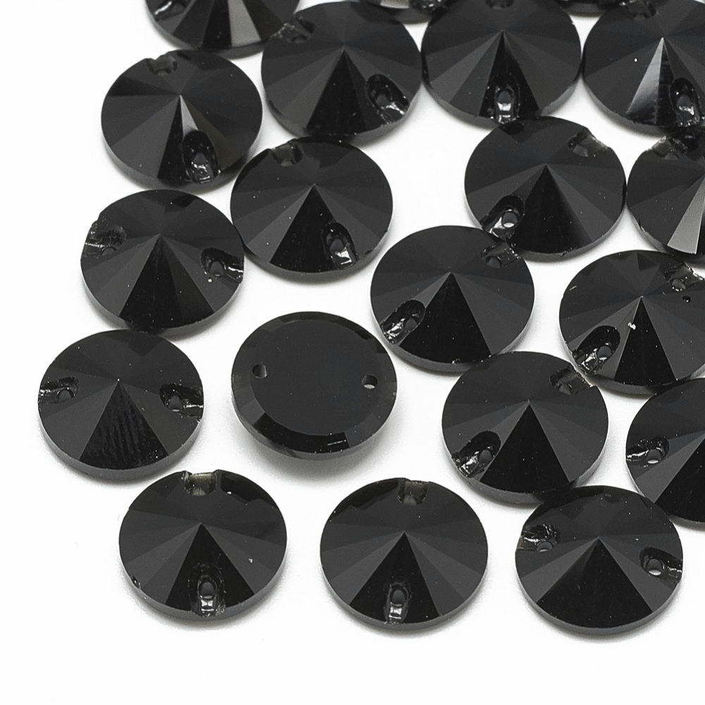 Cristale rhinestone rotunde, negre, de cusut, cu 2 orificii, 12x5mm 1 buc